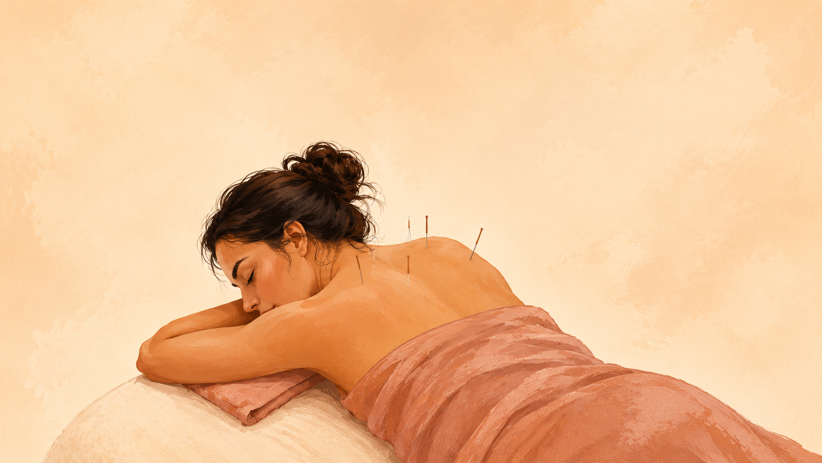 An editorial illustration of a woman resting face-down on a treatment table, draped from the shoulders down, with several thin acupuncture needles placed along her upper back. The palette is warm and calm.